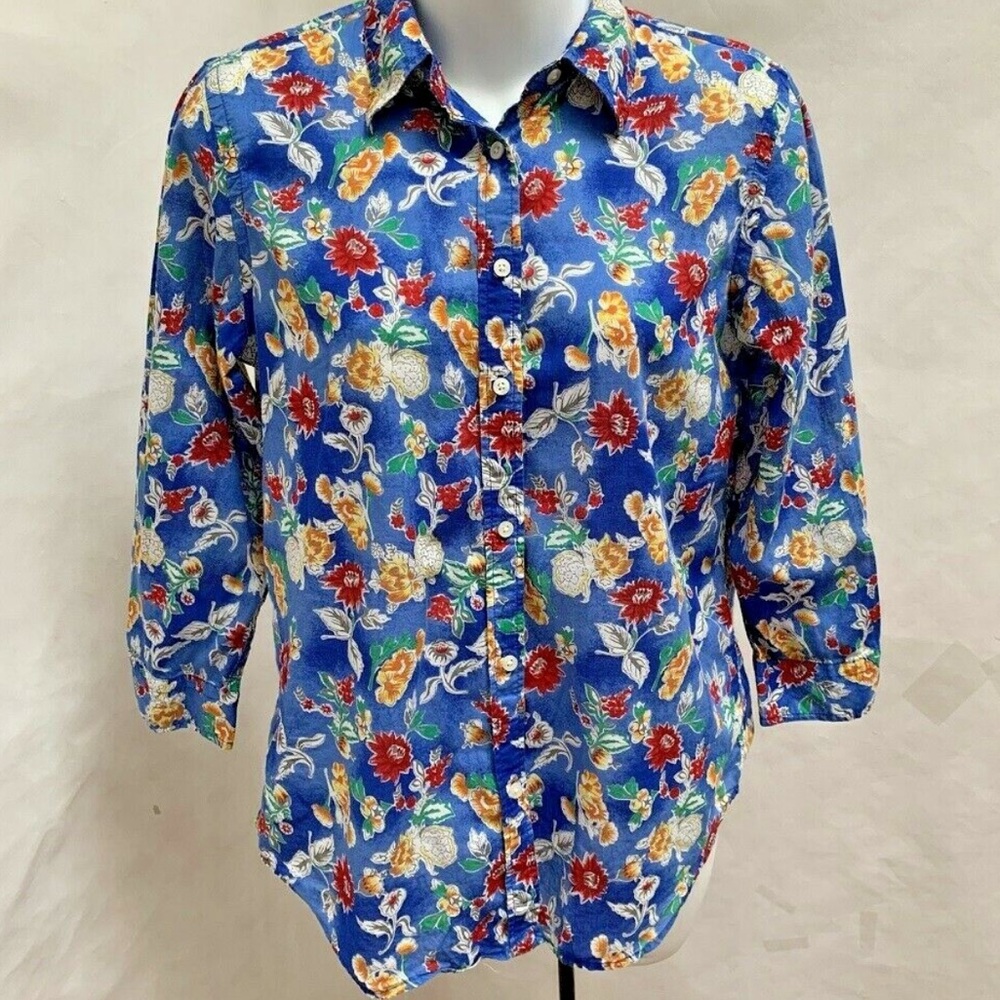 Lauren Ralph Lauren Blue Floral Cotton Button-Down Shirt, Size Small